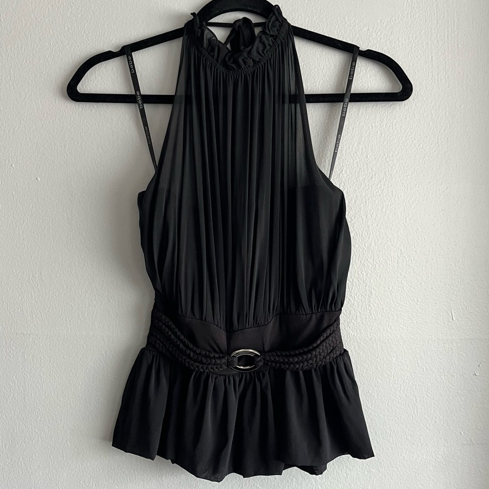 bebe Black Halter Peplum Top with Braided Waist